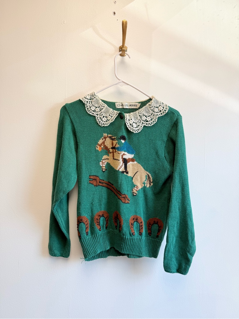 Vintage 80s 90s Horse Equestrian Doily Lace Peter Pan Collar Knit Sweater XS